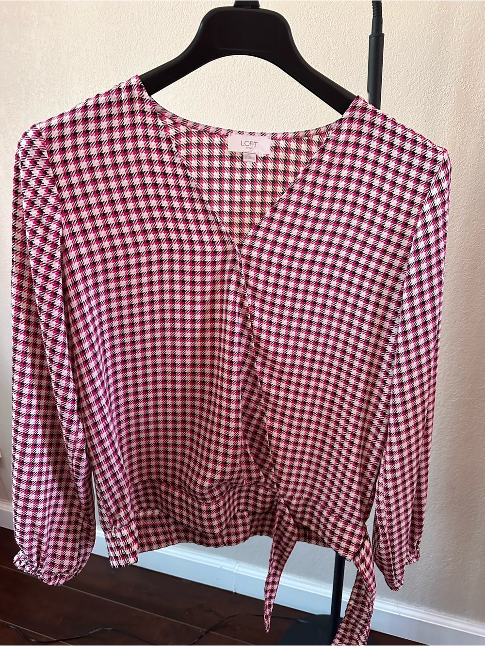 LOFT Pink and White Houndstooth Button-Down Shirt
